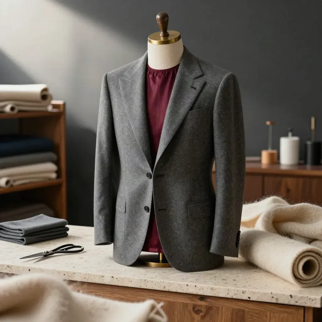 Giacca grigio fumo su busto sartoriale in atelier, con dettagli bordeaux e attrezzi da sartoria.