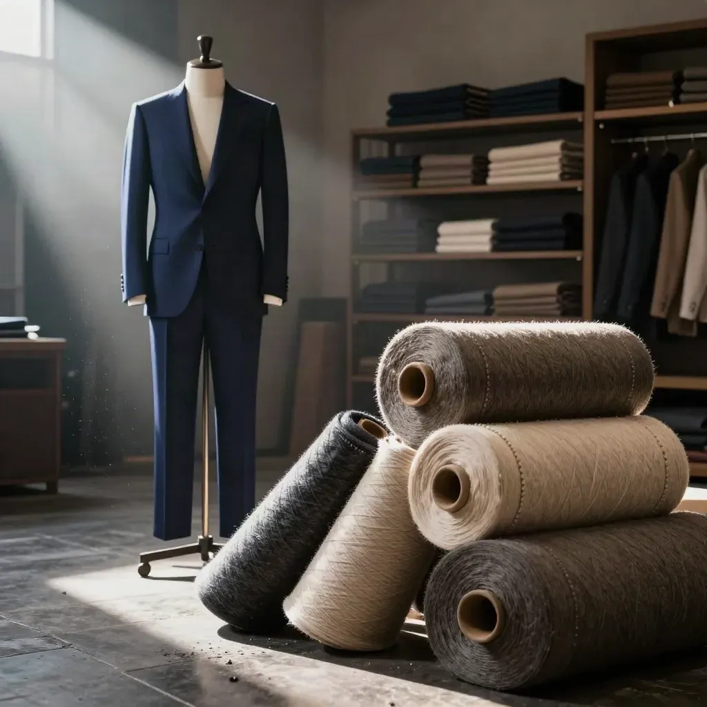 Atelier sartoriale con abito blu notte su manichino, rotoli di lana e luce drammatica dopo il temporale.