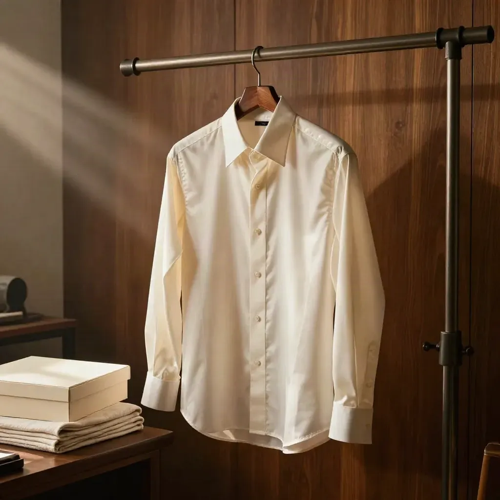Camicia su misura avorio appesa in atelier con lino piegato e scatola chiusa