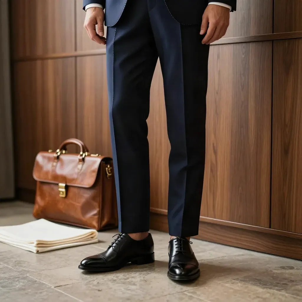 Completo blu su busto sartoriale, oxford e valigetta in cuoio davanti a guardaroba in noce.
