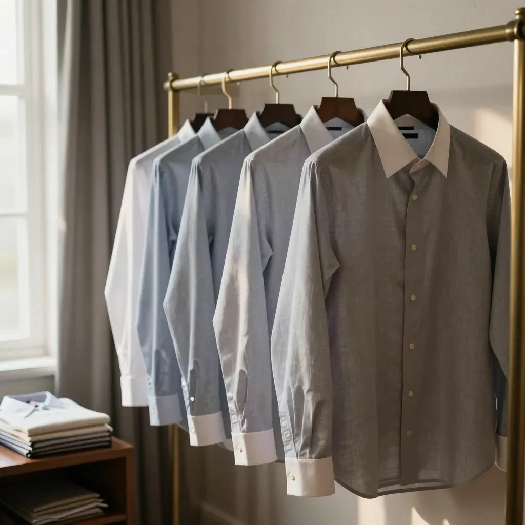 Quattro camicie su misura appese in fila, illuminate dal mattino, in una sartoria elegante.