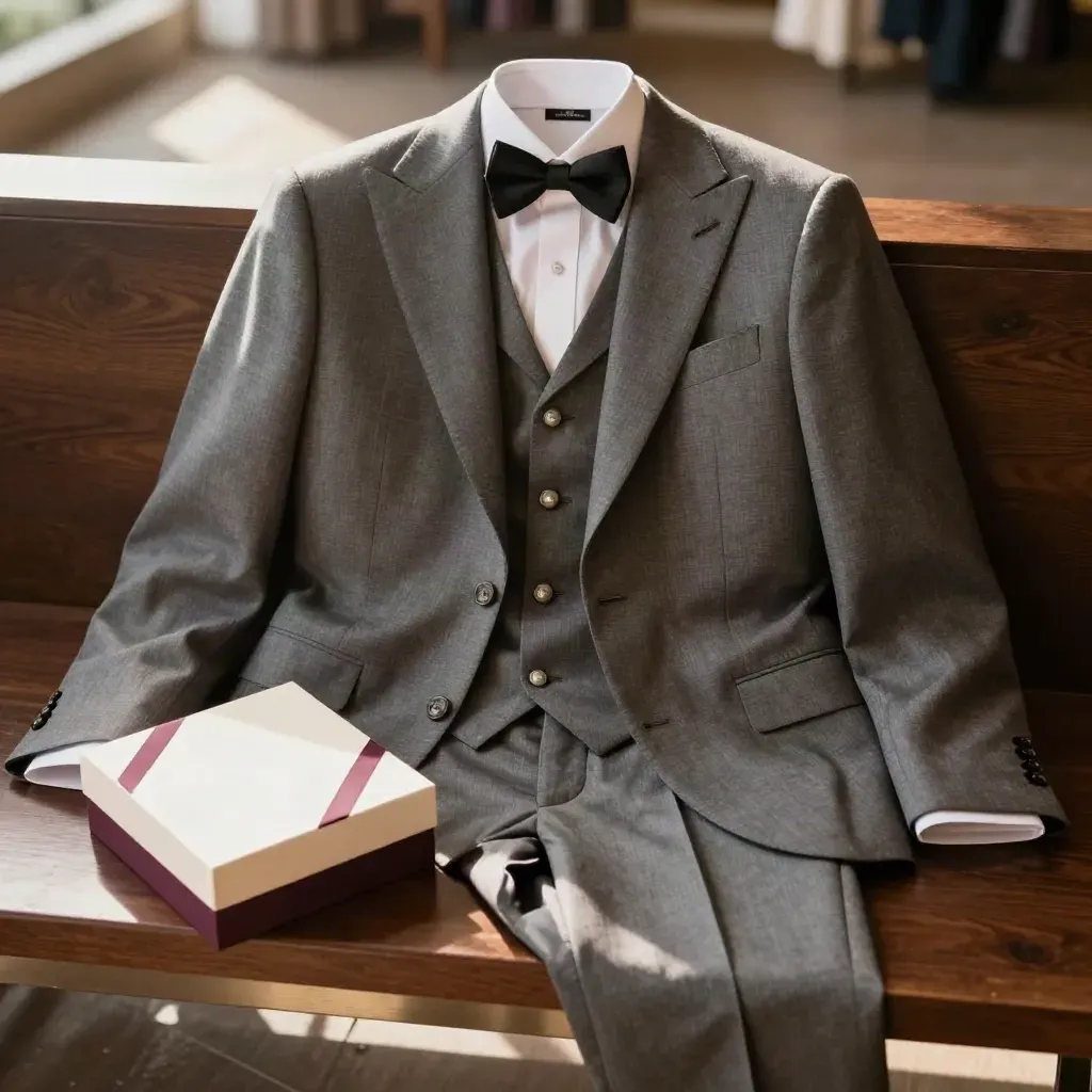 Completo da matrimonio su misura con gilet, giacca, pantalone, papillon e scatola regalo.