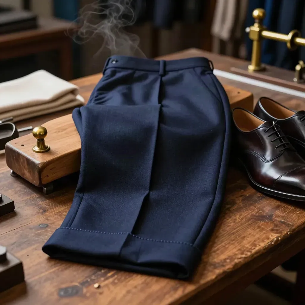 Pantaloni su forma da pressa con scarpe lucide in atelier, luce drammatica e vapore residuo