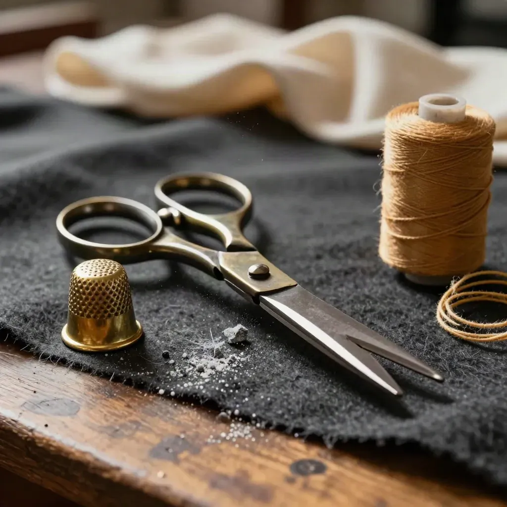 Forbici vintage, ditale in ottone, gesso e filo cerato su panno carbone in atelier sartoriale.