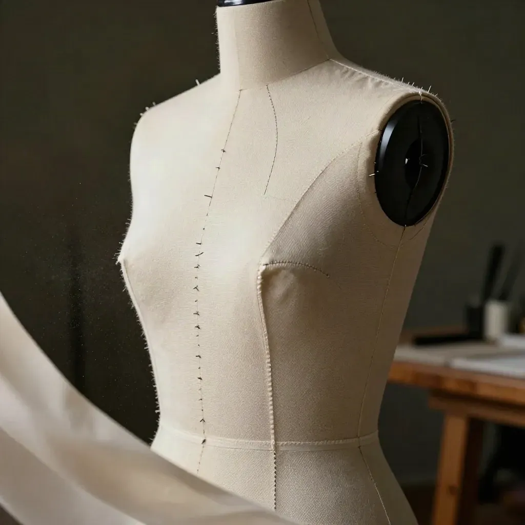 Busto sartoriale con spilli, tele interne e segni di gesso in un atelier scuro.