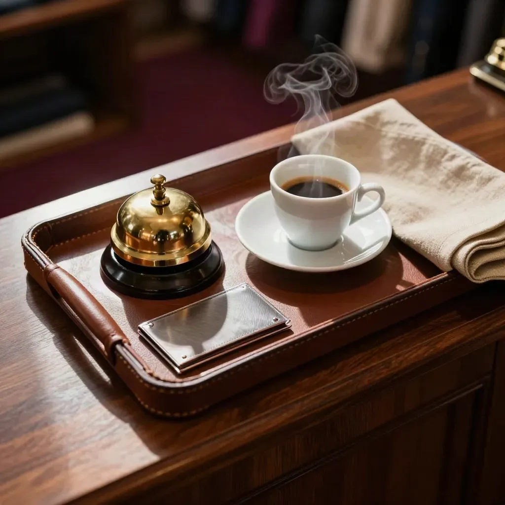Vassoio in pelle con campanello in ottone, caffè fumante e panno di lino su legno scuro.