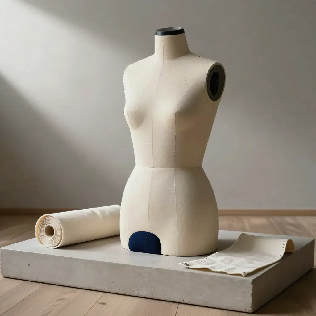 Busto sartoriale con spilli, gesso e puntaspilli su fondo avorio, luce laterale soffusa.