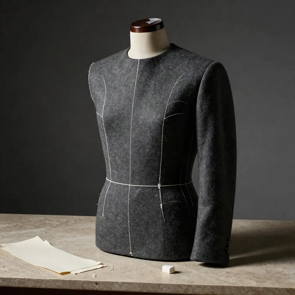 Busto sartoriale con manica imbastita, gesso e spilli su banco chiaro