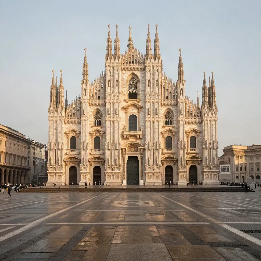 Duomo di Milano alto nella foschia all’alba, tetti calmi e luce dorata dopo la pioggia.