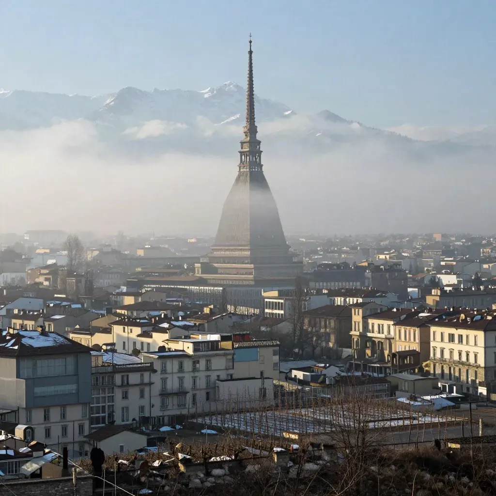 Torino dalla collina con la Mole alta sopra la nebbia e le Alpi sullo sfondo