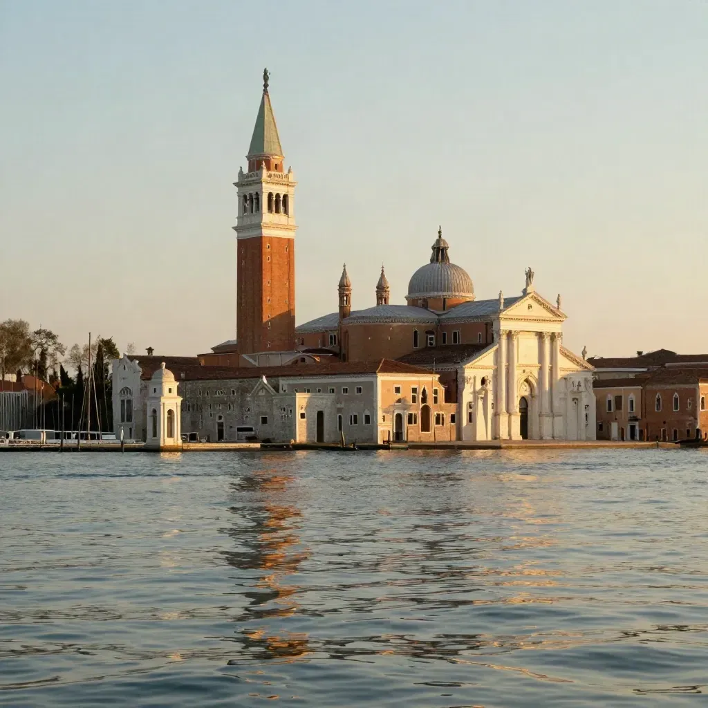Laguna veneziana all’ora dorata con San Giorgio e il campanile sopra l’acqua calma