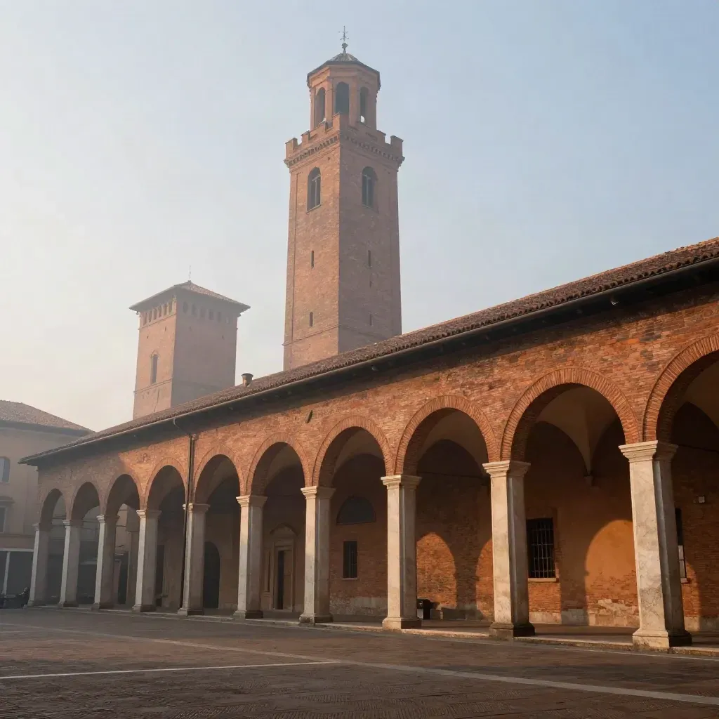 Portici di Bologna e Due Torri nella foschia, con superfici terracotta e pietra calda.